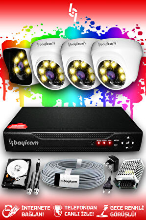 BAYICAM 4 Kameralı Kare 3 İç Kamera Set 2 TB HDD Full HD Renkli Gece Görüşlü Güvenlik Kamerası Sistemi