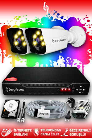 BAYICAM 2 Kameralı Kare 2 Dış Kamera Set 1 TB HDD Full HD Renkli Gece Görüşlü Güvenlik Kamerası Sistemi