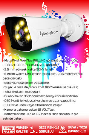 BAYICAM 3 Kameralı Kare 1 İç Kamera Set 250 GB HDD Full HD Renkli Gece Görüşlü Güvenlik Kamerası Sistemi
