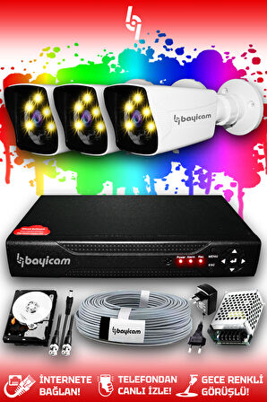 BAYICAM 3 Kameralı Kare 3 Dış Kamera Set 250 GB HDD Full HD Renkli Gece Görüşlü Güvenlik Kamerası Sistemi