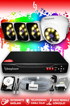 BAYICAM 4 Kameralı Kare 1 İç Kamera Set 2 TB HDD Full HD Renkli Gece Görüşlü Güvenlik Kamerası Sistemi