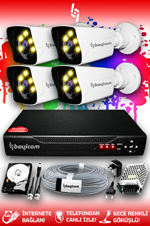 BAYICAM 4 Kameralı Kare 4 Dış Kamera Set 2 TB HDD Full HD Renkli Gece Görüşlü Güvenlik Kamerası Sistemi
