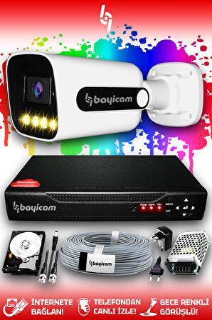 BAYICAM 1 Kameralı Zebra 1 Dış Kamera Set 1 TB HDD Full HD Renkli Gece Görüşlü Güvenlik Kamerası Sistemi