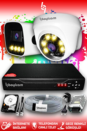 BAYICAM 2 Kameralı Zebra 1 İç Kamera Set 2 TB HDD Full HD Renkli Gece Görüşlü Güvenlik Kamerası Sistemi