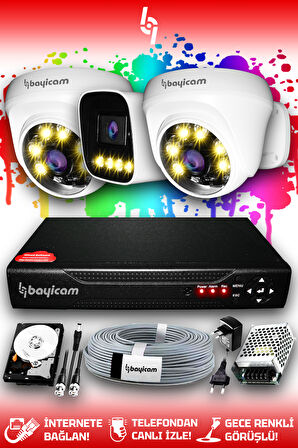 BAYICAM 3 Kameralı Zebra 2 İç Kamera Set 250 GB HDD Full HD Renkli Gece Görüşlü Güvenlik Kamerası Sistemi