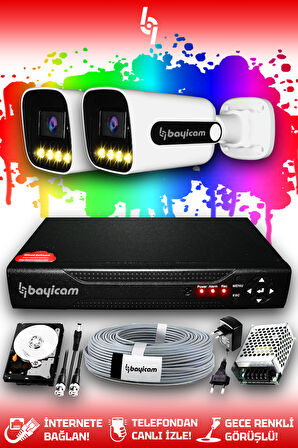 BAYICAM 2 Kameralı Zebra 2 Dış Kamera Set 500 GB HDD Full HD Renkli Gece Görüşlü Güvenlik Kamerası Sistemi