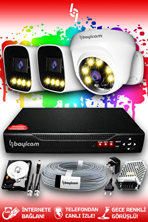 BAYICAM 3 Kameralı Zebra 1 İç Kamera Set 100 GB HDD Full HD Renkli Gece Görüşlü Güvenlik Kamerası Sistemi
