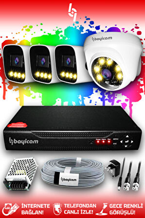 BAYICAM 4 Kameralı Zebra 1 İç Kamera Set HDD'siz Full HD Renkli Gece Görüşlü Güvenlik Kamerası Sistemi