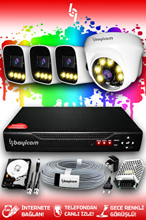 BAYICAM 4 Kameralı Zebra 1 İç Kamera Set 320 GB HDD Full HD Renkli Gece Görüşlü Güvenlik Kamerası Sistemi