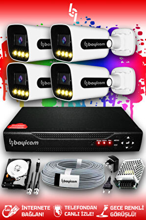 BAYICAM 4 Kameralı Zebra 4 Dış Kamera Set 100 GB HDD Full HD Renkli Gece Görüşlü Güvenlik Kamerası Sistemi