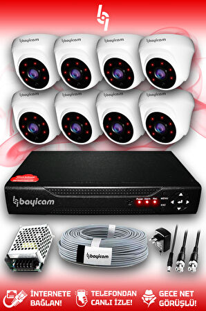 BAYICAM 8 Kameralı Dome 8 İç Kamera Set HDD'siz Full HD Gece Görüşlü Güvenlik Kamerası Sistemi