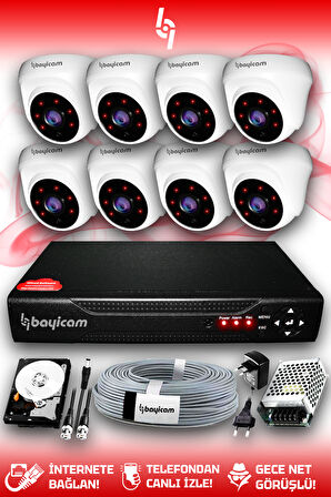 BAYICAM 8 Kameralı Dome 8 İç Kamera Set 100 GB HDD Full HD Gece Görüşlü Güvenlik Kamerası Sistemi
