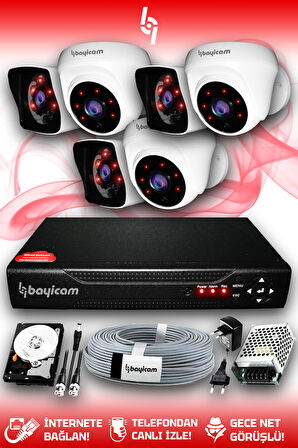 BAYICAM 6 Kameralı Kare 3 İç Kamera Set 1 TB HDD Full HD Gece Görüşlü Güvenlik Kamerası Sistemi