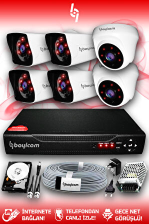 BAYICAM 6 Kameralı Kare 2 İç Kamera Set 1 TB HDD Full HD Gece Görüşlü Güvenlik Kamerası Sistemi