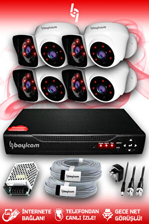 BAYICAM 8 Kameralı Kare 4 İç Kamera Set HDD'siz Full HD Gece Görüşlü Güvenlik Kamerası Sistemi