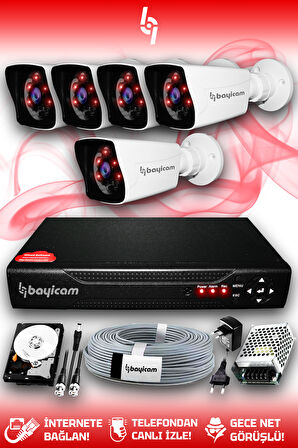 BAYICAM 5 Kameralı Kare 5 Dış Kamera Set 1 TB HDD Full HD Gece Görüşlü Güvenlik Kamerası Sistemi