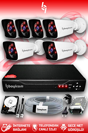 BAYICAM 6 Kameralı Kare 6 Dış Kamera Set 500 GB HDD Full HD Gece Görüşlü Güvenlik Kamerası Sistemi