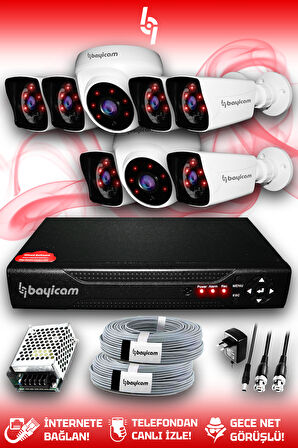 BAYICAM 8 Kameralı Kare 2 İç Kamera Set HDD'siz Full HD Gece Görüşlü Güvenlik Kamerası Sistemi