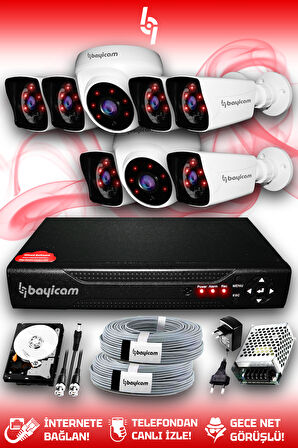 BAYICAM 8 Kameralı Kare 2 İç Kamera Set 1 TB HDD Full HD Gece Görüşlü Güvenlik Kamerası Sistemi