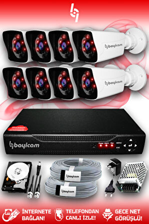 BAYICAM 8 Kameralı Kare 8 Dış Kamera Set 320 GB HDD Full HD Gece Görüşlü Güvenlik Kamerası Sistemi