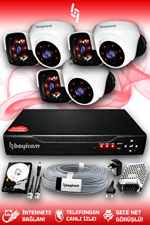 BAYICAM 6 Kameralı Panda 3 İç Kamera Set 500 GB HDD Full HD Gece Görüşlü Güvenlik Kamerası Sistemi