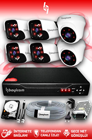 BAYICAM 6 Kameralı Panda 2 İç Kamera Set 100 GB HDD Full HD Gece Görüşlü Güvenlik Kamerası Sistemi
