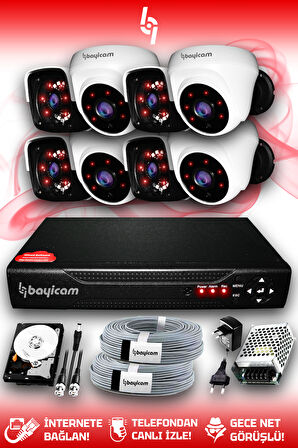 BAYICAM 8 Kameralı Panda 4 İç Kamera Set 100 GB HDD Full HD Gece Görüşlü Güvenlik Kamerası Sistemi