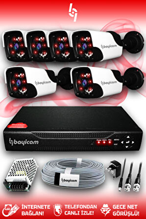 BAYICAM 6 Kameralı Panda 6 Dış Kamera Set HDD'siz Full HD Gece Görüşlü Güvenlik Kamerası Sistemi