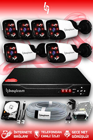 BAYICAM 6 Kameralı Panda 6 Dış Kamera Set 100 GB HDD Full HD Gece Görüşlü Güvenlik Kamerası Sistemi