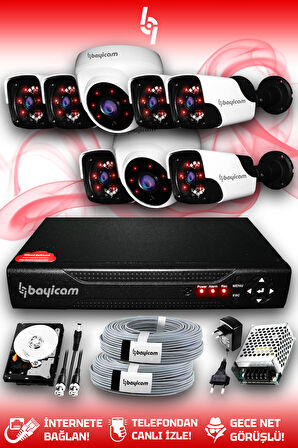 BAYICAM 8 Kameralı Panda 2 İç Kamera Set 100 GB HDD Full HD Gece Görüşlü Güvenlik Kamerası Sistemi