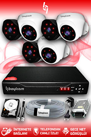 BAYICAM 6 Kameralı Uzay 3 İç Kamera Set 320 GB HDD Full HD Gece Görüşlü Güvenlik Kamerası Sistemi