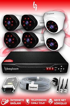 BAYICAM 6 Kameralı Uzay 2 İç Kamera Set HDD'siz Full HD Gece Görüşlü Güvenlik Kamerası Sistemi
