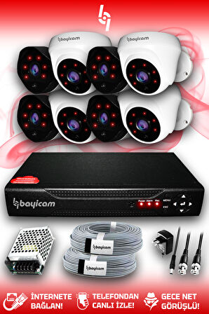 BAYICAM 8 Kameralı Uzay 4 İç Kamera Set HDD'siz Full HD Gece Görüşlü Güvenlik Kamerası Sistemi
