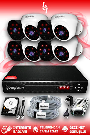 BAYICAM 8 Kameralı Uzay 4 İç Kamera Set 100 GB HDD Full HD Gece Görüşlü Güvenlik Kamerası Sistemi