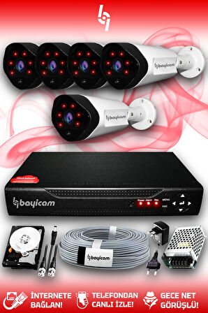 BAYICAM 5 Kameralı Uzay 5 Dış Kamera Set 100 GB HDD Full HD Gece Görüşlü Güvenlik Kamerası Sistemi