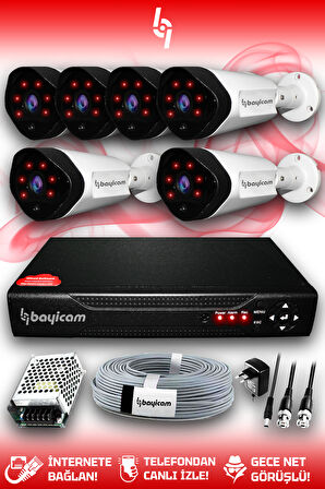 BAYICAM 6 Kameralı Uzay 6 Dış Kamera Set HDD'siz Full HD Gece Görüşlü Güvenlik Kamerası Sistemi