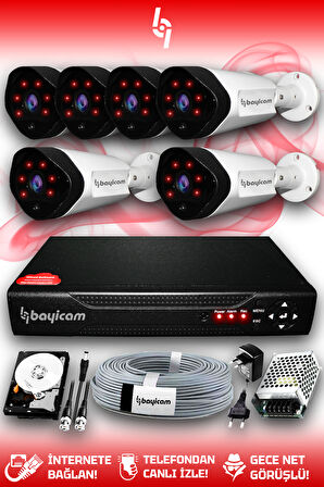 BAYICAM 6 Kameralı Uzay 6 Dış Kamera Set 100 GB HDD Full HD Gece Görüşlü Güvenlik Kamerası Sistemi