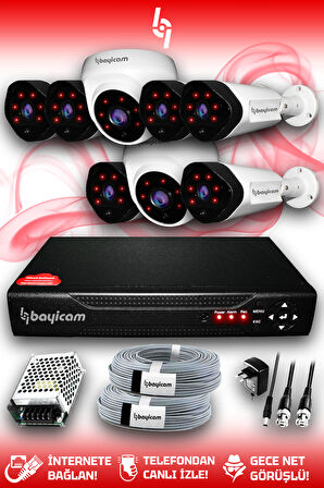 BAYICAM 8 Kameralı Uzay 2 İç Kamera Set HDD'siz Full HD Gece Görüşlü Güvenlik Kamerası Sistemi