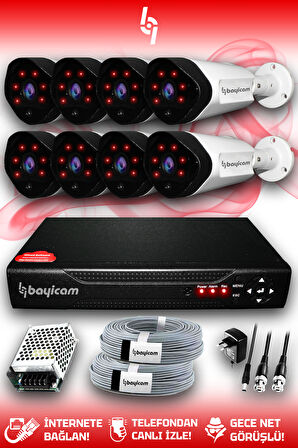 BAYICAM 8 Kameralı Uzay 8 Dış Kamera Set HDD'siz Full HD Gece Görüşlü Güvenlik Kamerası Sistemi