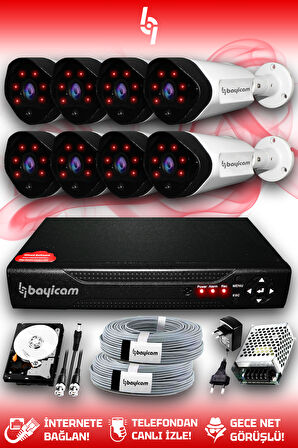 BAYICAM 8 Kameralı Uzay 8 Dış Kamera Set 250 GB HDD Full HD Gece Görüşlü Güvenlik Kamerası Sistemi
