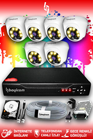 BAYICAM 6 Kameralı Dome 6 İç Kamera Set 1 TB HDD Full HD Renkli Gece Görüşlü Güvenlik Kamerası Sistemi