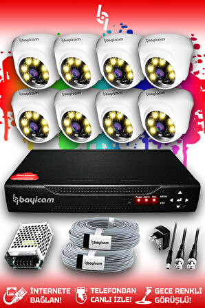 BAYICAM 8 Kameralı Dome 8 İç Kamera Set HDD'siz Full HD Renkli Gece Görüşlü Güvenlik Kamerası Sistemi