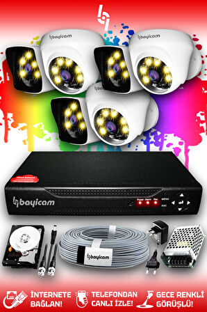 BAYICAM 6 Kameralı Kare 3 İç Kamera Set 500 GB HDD Full HD Renkli Gece Görüşlü Güvenlik Kamerası Sistemi