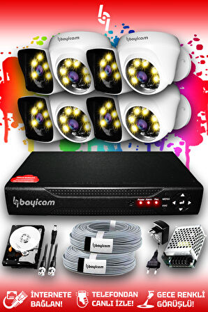 BAYICAM 8 Kameralı Kare 4 İç Kamera Set 100 GB HDD Full HD Renkli Gece Görüşlü Güvenlik Kamerası Sistemi