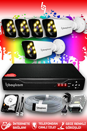 BAYICAM 5 Kameralı Kare 5 Dış Kamera Set 2 TB HDD Full HD Renkli Gece Görüşlü Güvenlik Kamerası Sistemi
