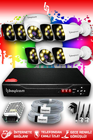 BAYICAM 8 Kameralı Kare 2 İç Kamera Set HDD'siz Full HD Renkli Gece Görüşlü Güvenlik Kamerası Sistemi