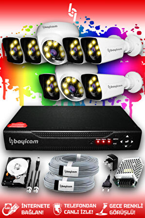 BAYICAM 8 Kameralı Kare 2 İç Kamera Set 100 GB HDD Full HD Renkli Gece Görüşlü Güvenlik Kamerası Sistemi