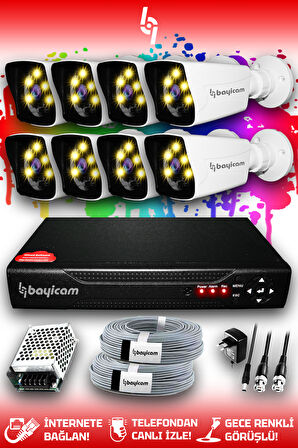 BAYICAM 8 Kameralı Kare 8 Dış Kamera Set HDD'siz Full HD Renkli Gece Görüşlü Güvenlik Kamerası Sistemi