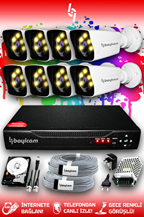 BAYICAM 8 Kameralı Kare 8 Dış Kamera Set 100 GB HDD Full HD Renkli Gece Görüşlü Güvenlik Kamerası Sistemi