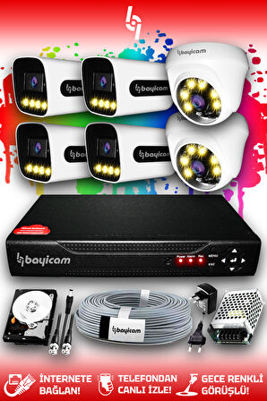 BAYICAM 6 Kameralı Zebra 2 İç Kamera Set 100 GB HDD Full HD Renkli Gece Görüşlü Güvenlik Kamerası Sistemi